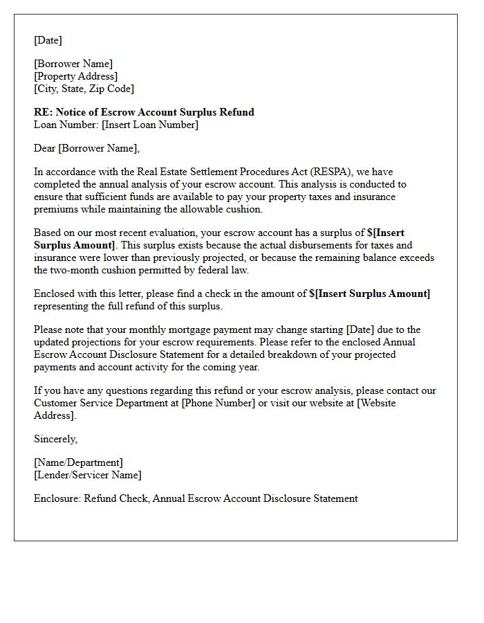 RESPA Escrow Cushion Surplus Refund Letter