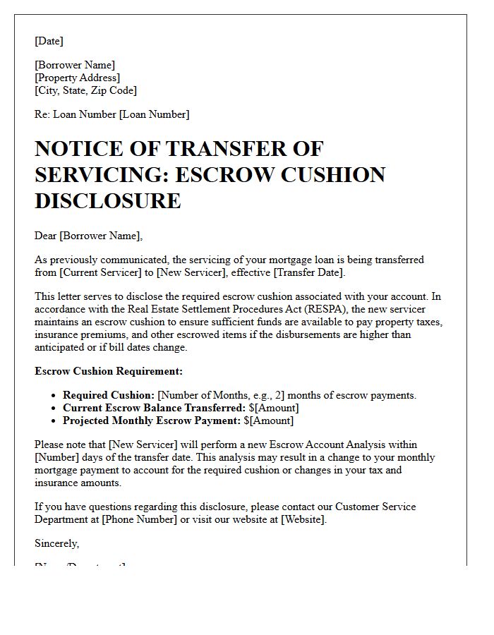 Transfer of Servicing Escrow Cushion Disclosure Letter
