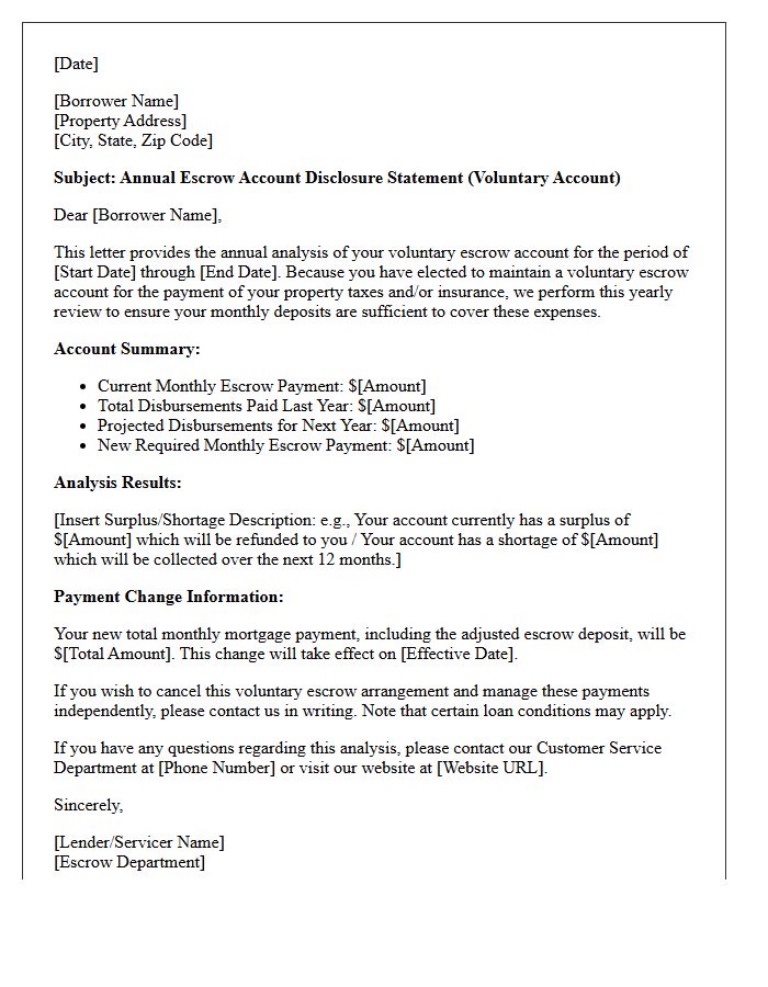 Voluntary Escrow Account Annual Analysis Letter