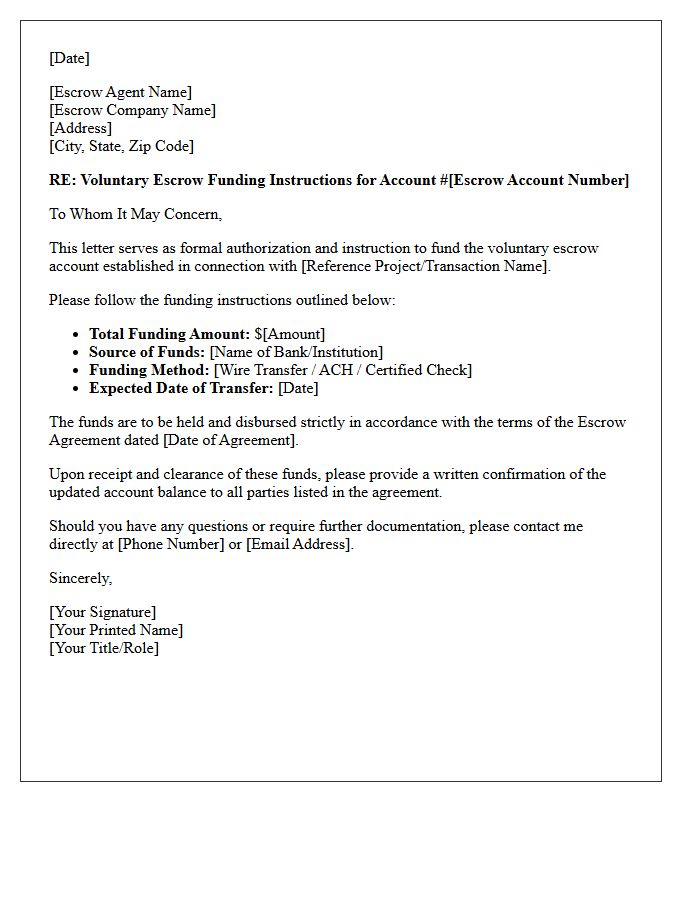 Voluntary Escrow Account Funding Instructions Letter