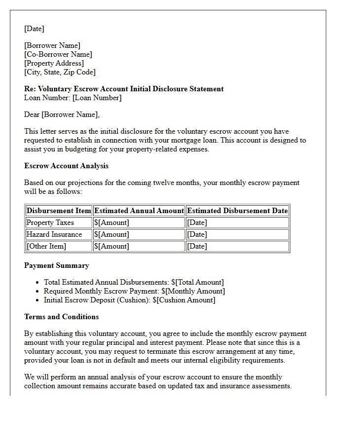 Voluntary Escrow Account Initial Disclosure Letter