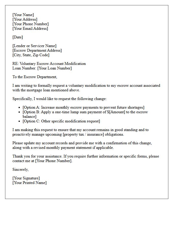 Voluntary Escrow Account Modification Letter