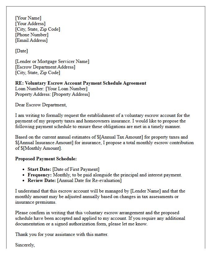 Voluntary Escrow Account Payment Schedule Letter