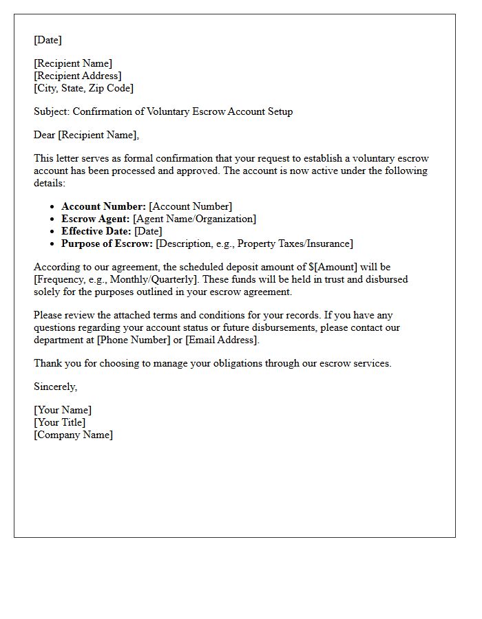 Voluntary Escrow Account Setup Confirmation Letter