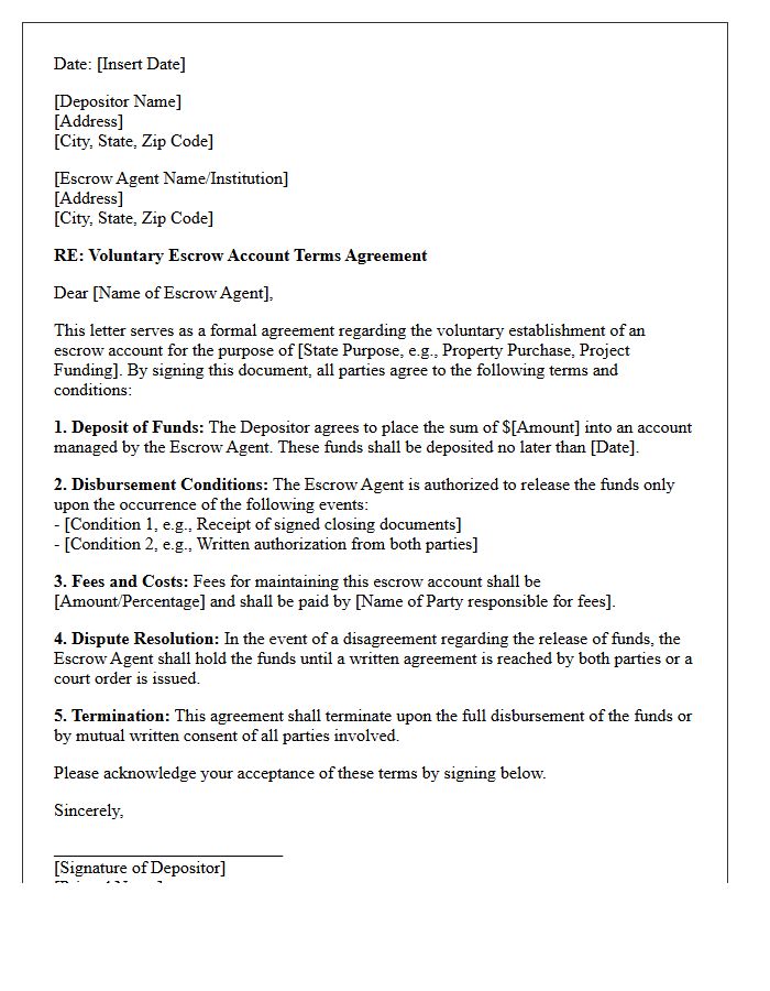 Voluntary Escrow Account Terms Agreement Letter