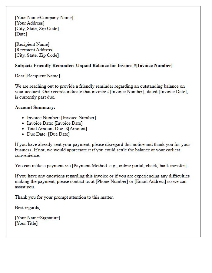 Friendly Notice of Unpaid Balance Letter