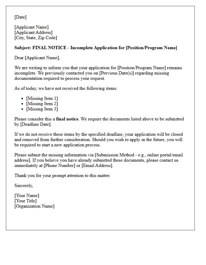 Final Notice For Incomplete Application Letter