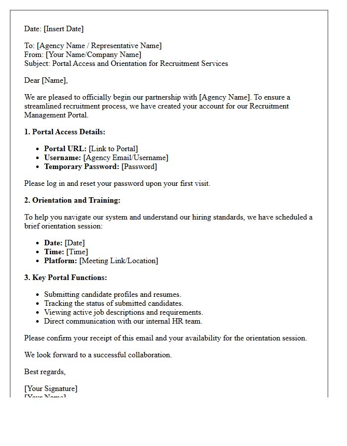 Recruitment Agency Portal Access and Orientation Letter