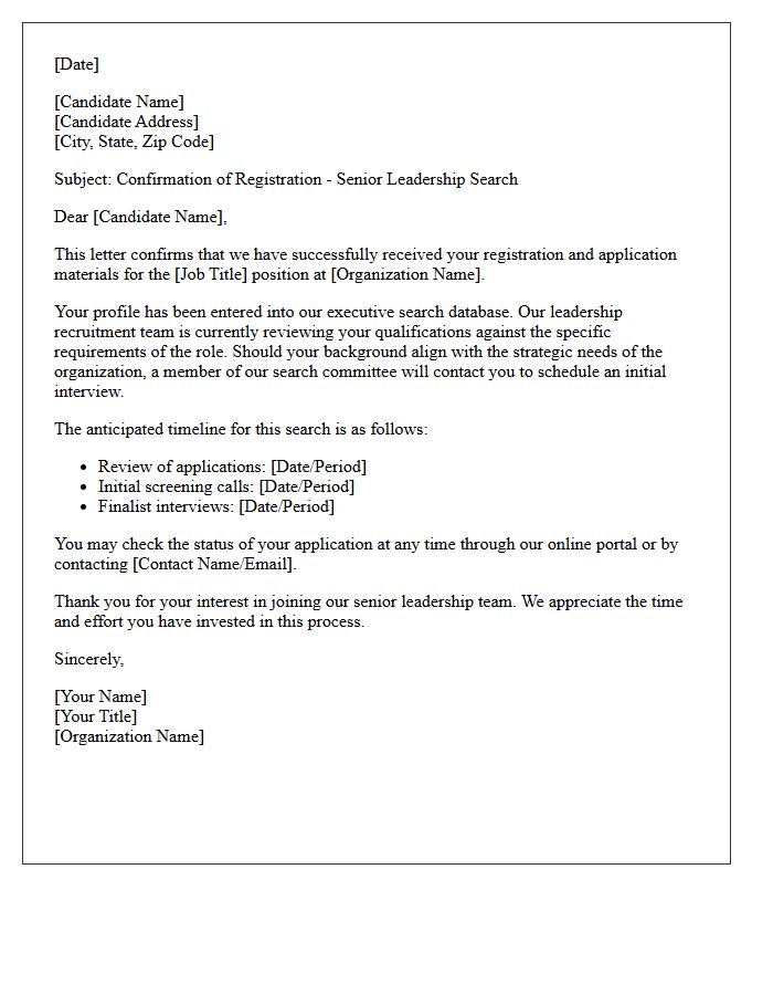 Senior Leadership Search Registration Confirmation Letter