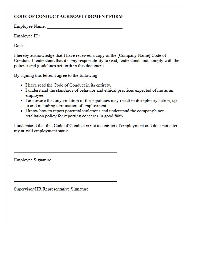 Code Of Conduct Acknowledgment Letter