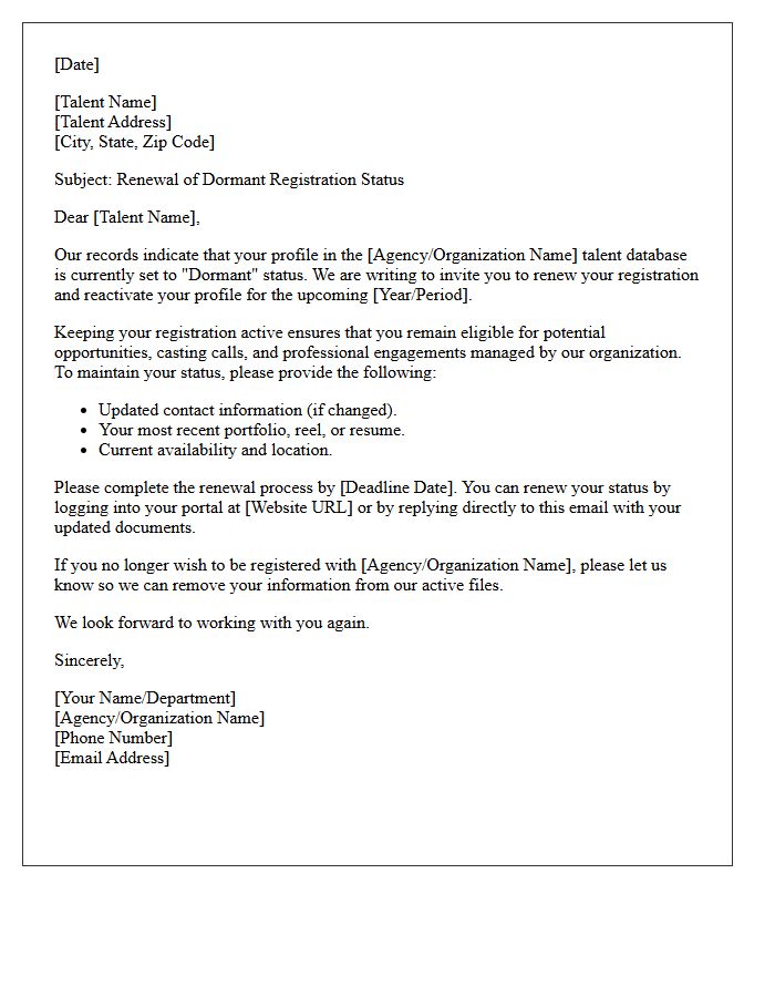 Dormant Talent Registration Renewal Letter
