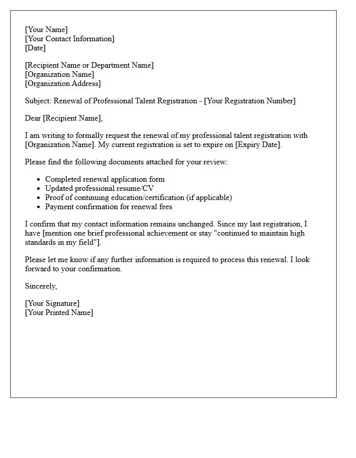 Professional Talent Registration Renewal Letter