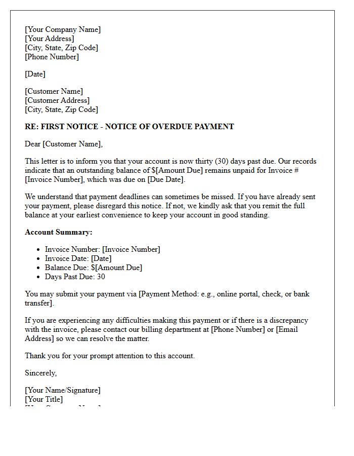First Notice of Thirty Days Past Due Letter