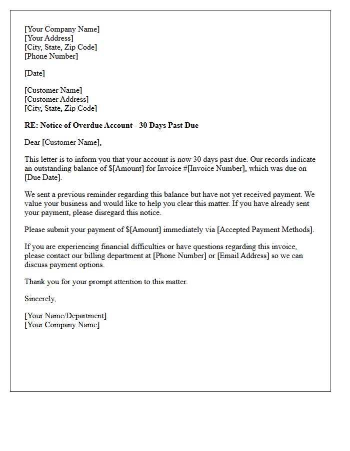 Outstanding Balance Thirty Days Past Due Letter
