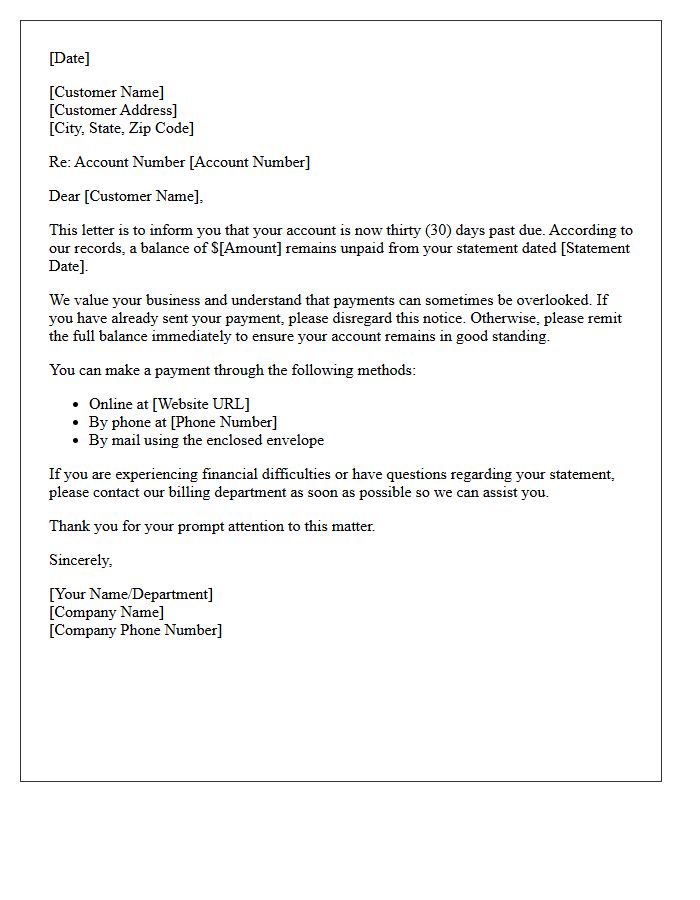 Retail Account Thirty Days Past Due Letter