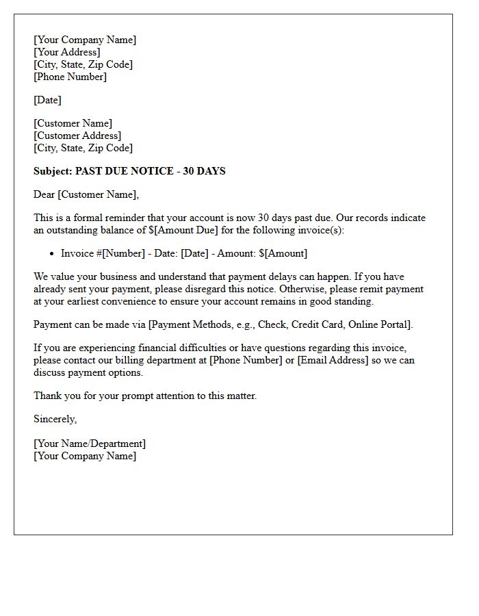 Standard Thirty Days Past Due Notice Letter