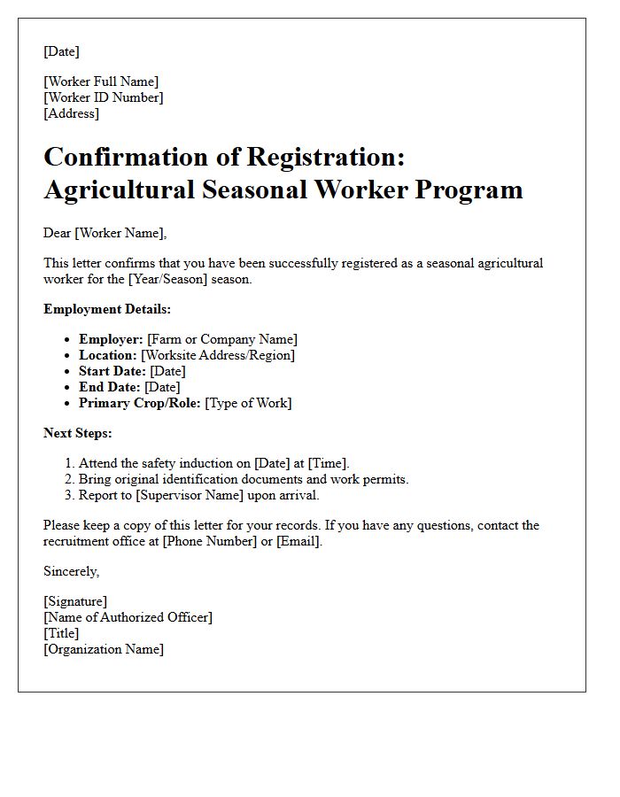 Agricultural Seasonal Worker Registration Confirmation Letter