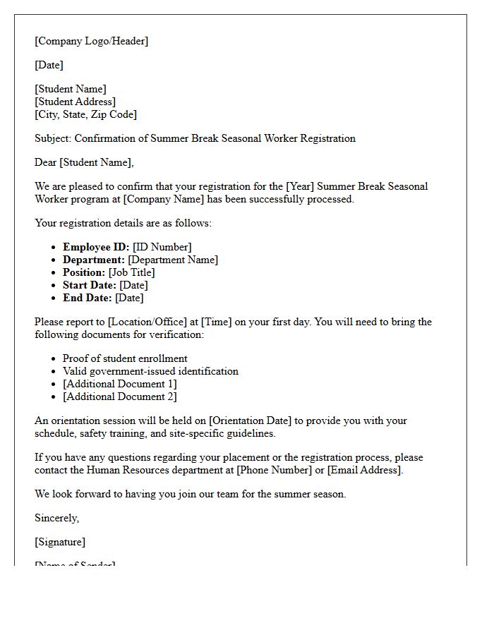 Student Summer Break Seasonal Worker Registration Confirmation Letter