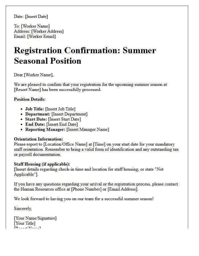 Summer Resort Seasonal Worker Registration Confirmation Letter