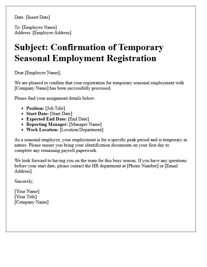 Temporary Seasonal Staff Registration Confirmation Letter