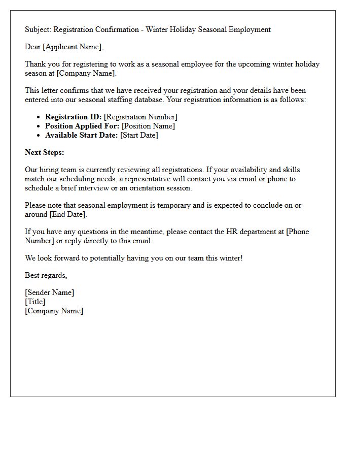 Winter Holiday Seasonal Worker Registration Confirmation Letter