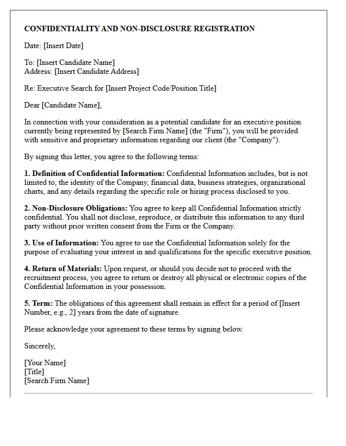 Executive Search Confidentiality And Non-Disclosure Registration Letter