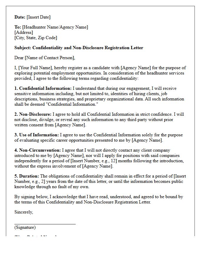 Headhunter Services Confidentiality And Non-Disclosure Registration Letter