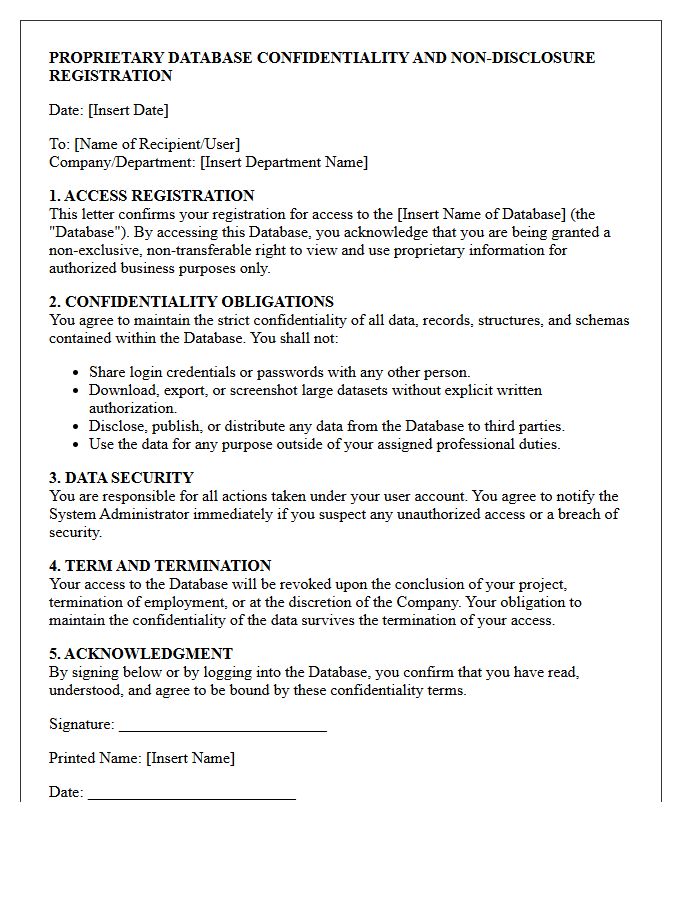 Proprietary Database Confidentiality And Non-Disclosure Registration Letter