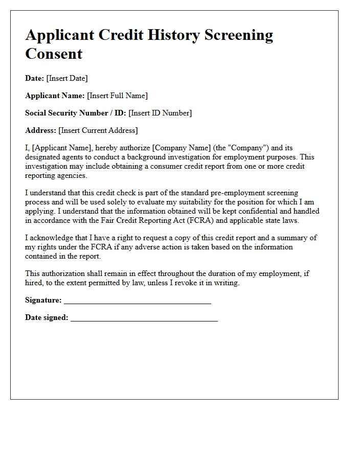 Applicant Credit History Screening Consent Letter