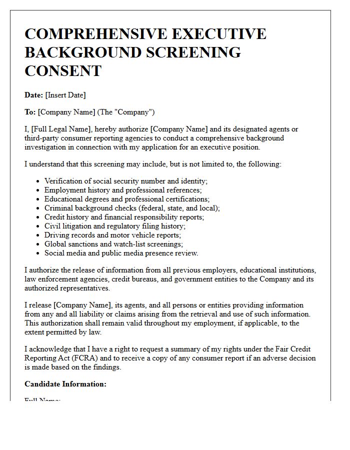Comprehensive Executive Background Screening Consent Letter