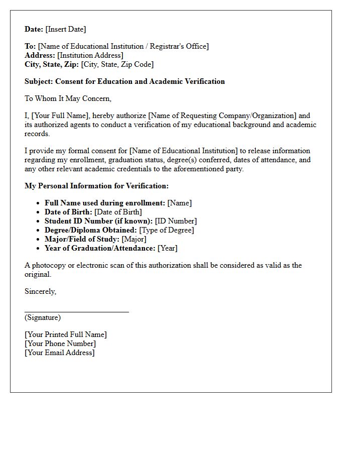 Education and Academic Verification Consent Letter
