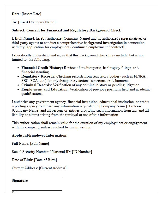 Financial and Regulatory Background Check Consent Letter
