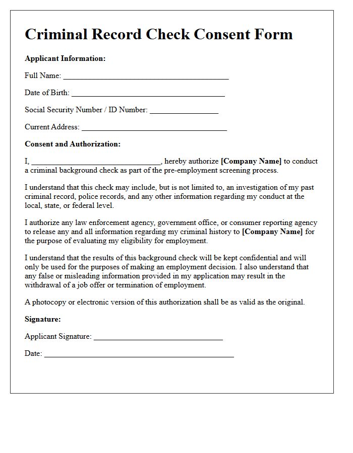 Pre-Employment Criminal Record Check Consent Letter
