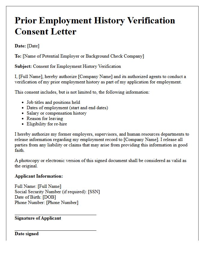 Prior Employment History Verification Consent Letter