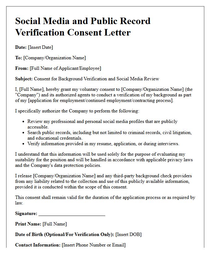 Social Media and Public Record Verification Consent Letter