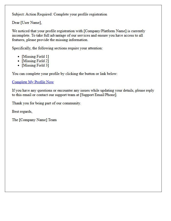 Incomplete Profile Update Registration Reminder Letter