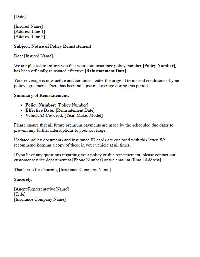 Auto Insurance Policy Reinstatement Letter of Approval
