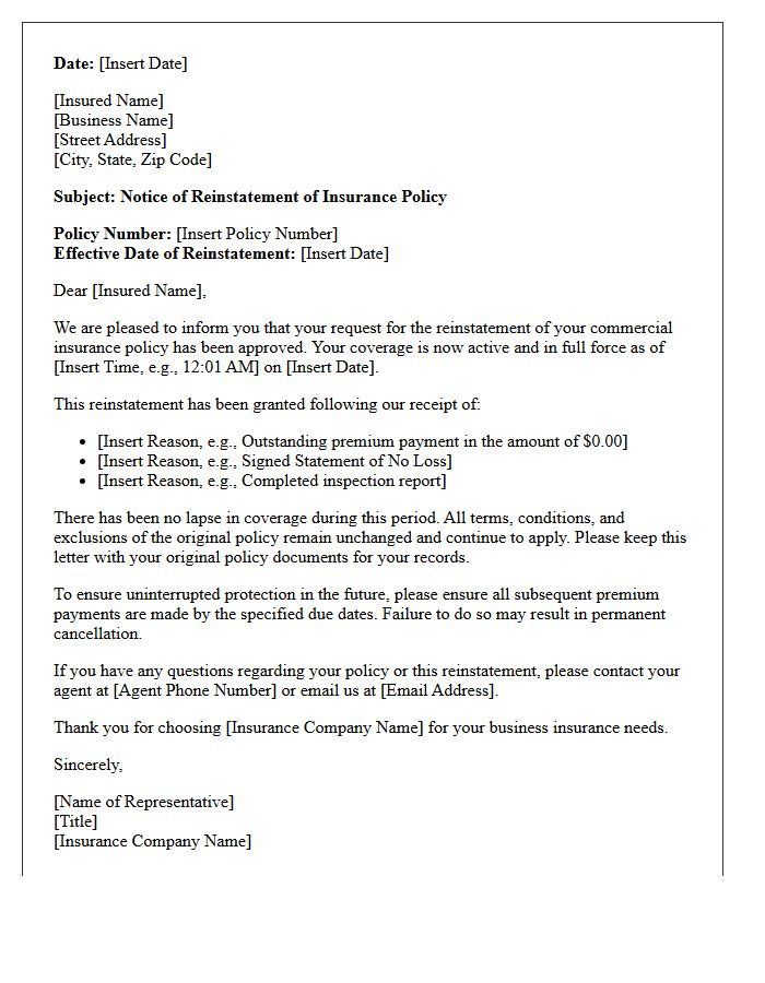 Commercial Insurance Policy Reinstatement Approval Letter