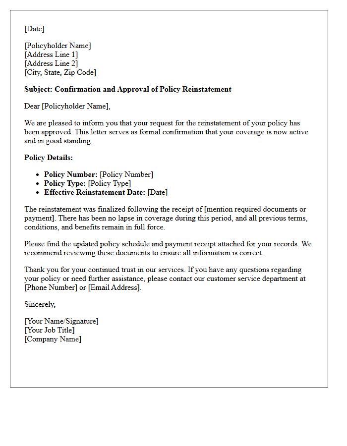 Letter of Confirmation and Approval for Policy Reinstatement