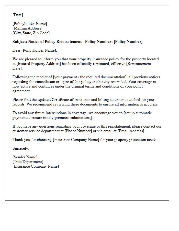 Property Insurance Policy Reinstatement Approval Letter