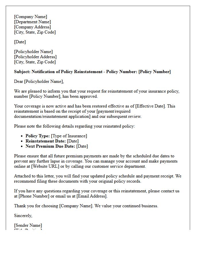 Standard Letter for Policy Reinstatement Approval