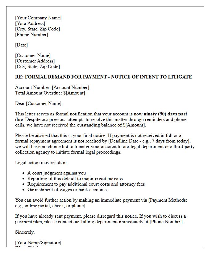 Pre-Legal Action Ninety Days Past Due Letter