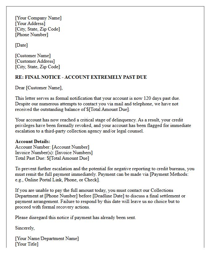 Account Escalation One Hundred Twenty Days Past Due Letter