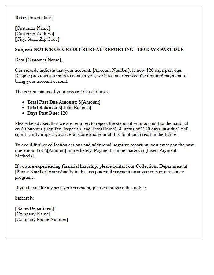Credit Bureau Reporting One Hundred Twenty Days Past Due Letter