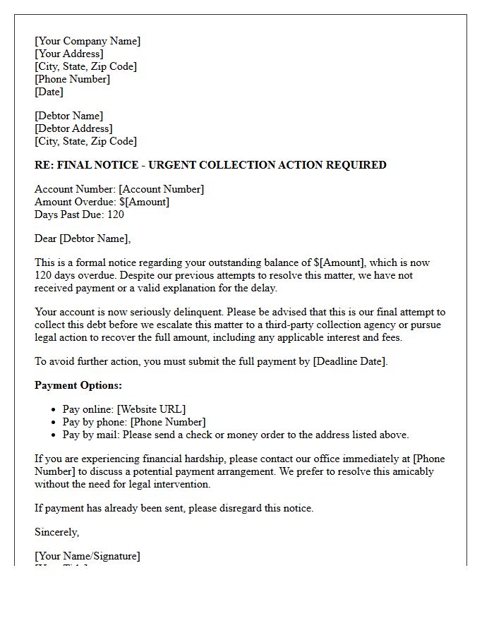 Debt Recovery Action One Hundred Twenty Days Past Due Letter