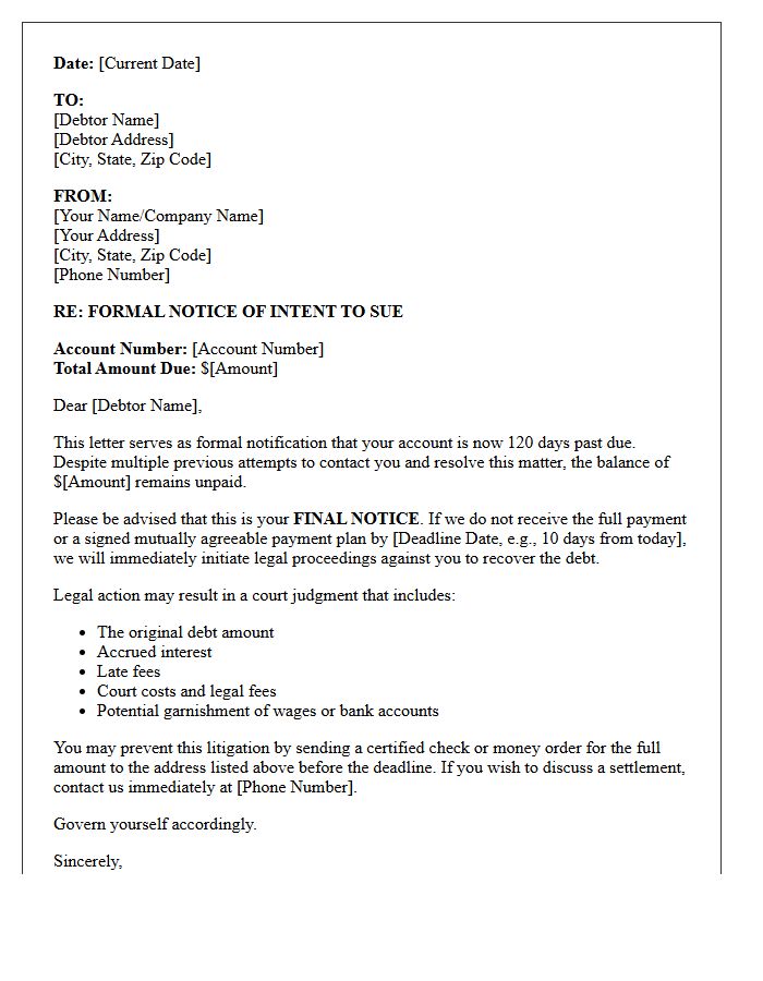 Intent to Sue One Hundred Twenty Days Past Due Letter
