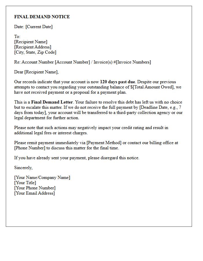 One Hundred Twenty Days Past Due Final Demand Letter