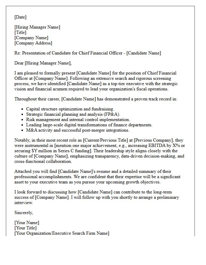 Chief Financial Officer Candidate Presentation Letter