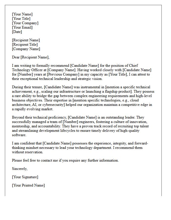 Chief Technology Officer Candidate Recommendation Letter