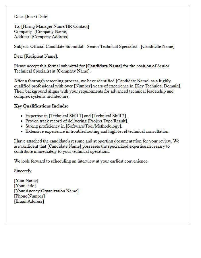 Official Candidate Submittal Letter for Senior Technical Specialist Role